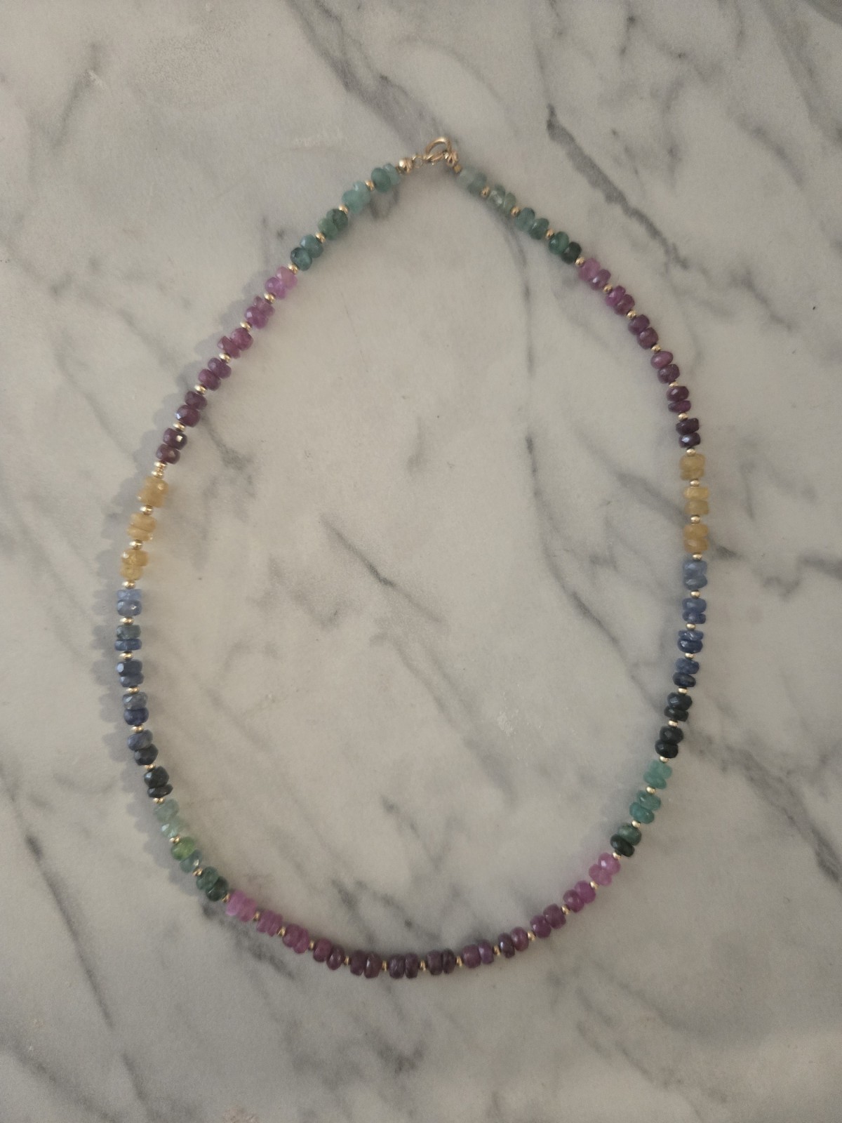 14k Yellow Gold Emerald Ruby Sapphire Necklace 16 In