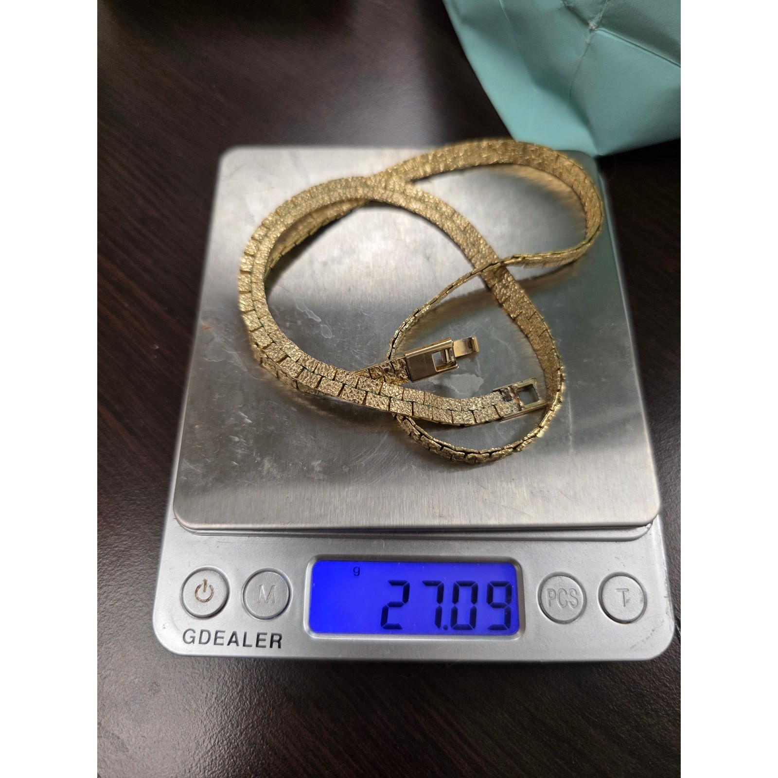 Vintage Gold Tone Nugget Flat Link Chain Necklace Textured Bark Finish 27g