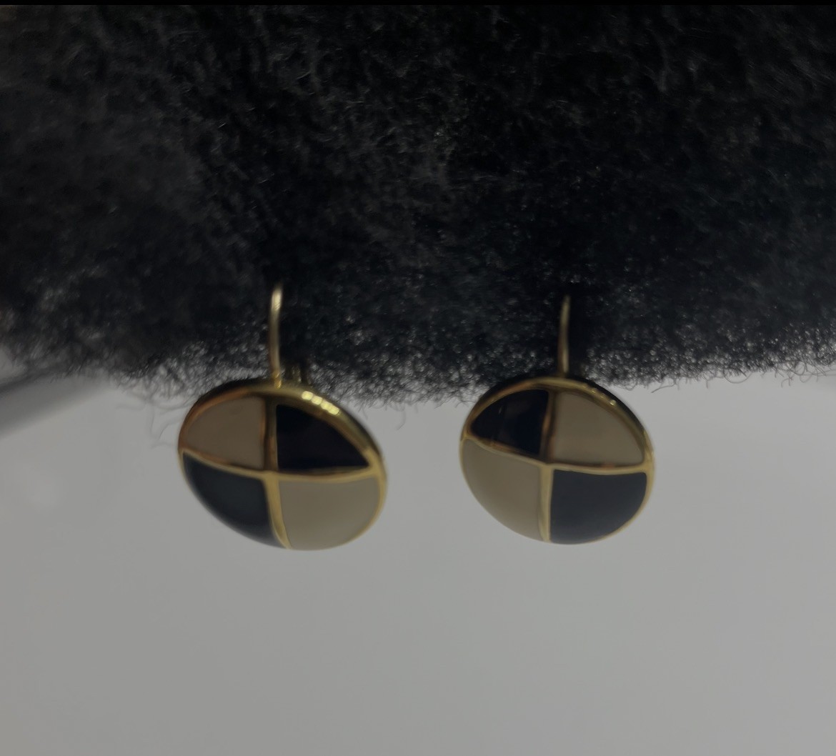 Vintage Monet Black & Cream Enamel Circle Earrings 1980s French Wire