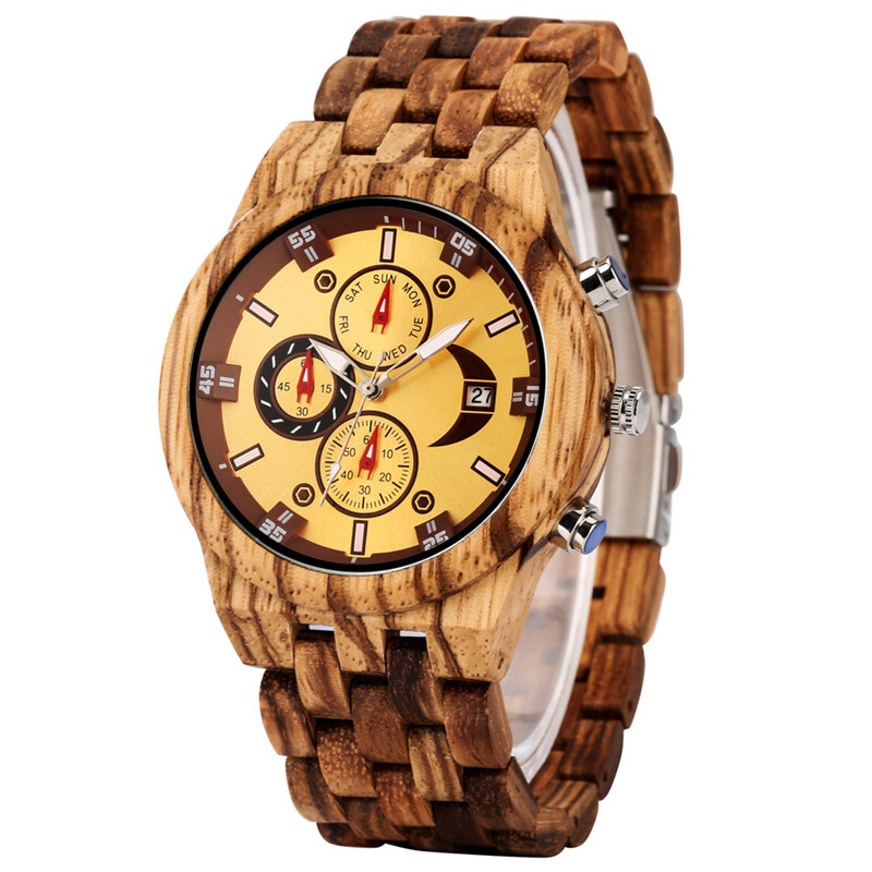 Men’s Wood Watch Chronograph Auto Date Display Mixed Adjustable Full Wooden Band