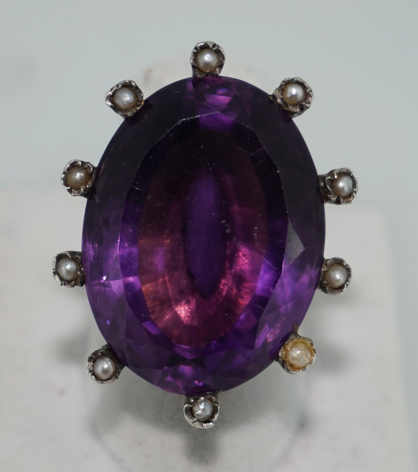 Antique 14K & Silver 43 Carat Amethyst & Seed Pearl Cocktail Ring