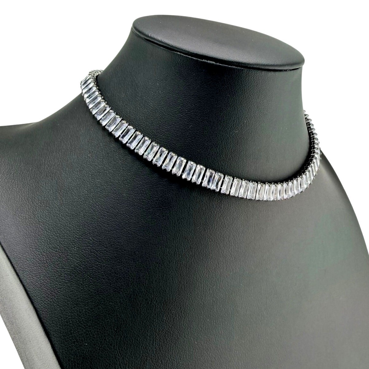 Gorgeous Cubic Zirconia Baguettes Gunmetal Glam Tennis Choker 16″ Necklace