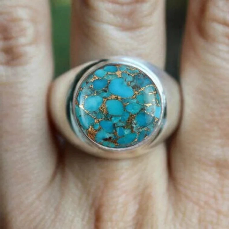 Solid 925 Sterling Silver AA Natural Copper Turquoise Gemstone Men’s Unisex Ring