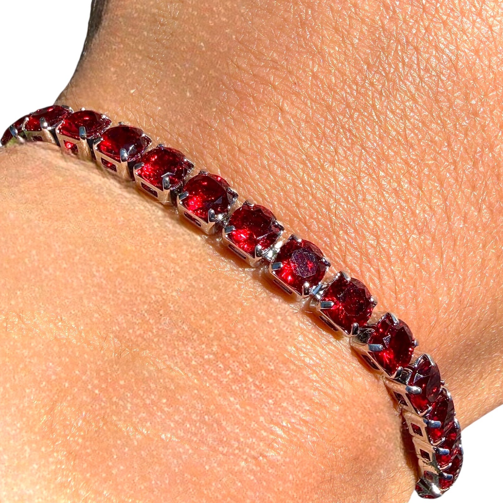 Tennis Bracelet Red Stones Silver Plated 6.7in 7.5in Dainty