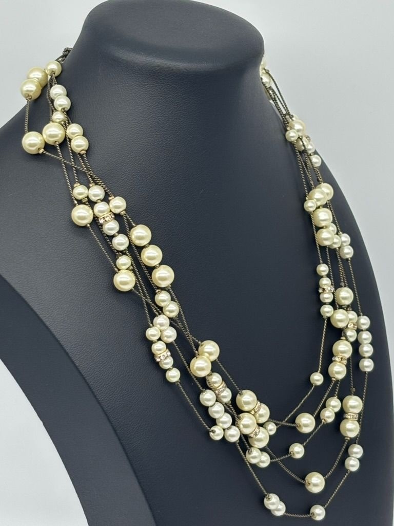 Coldwater Creek Multi-Strand Necklace Faux Pearls With Pave Set Rhinestone Beads