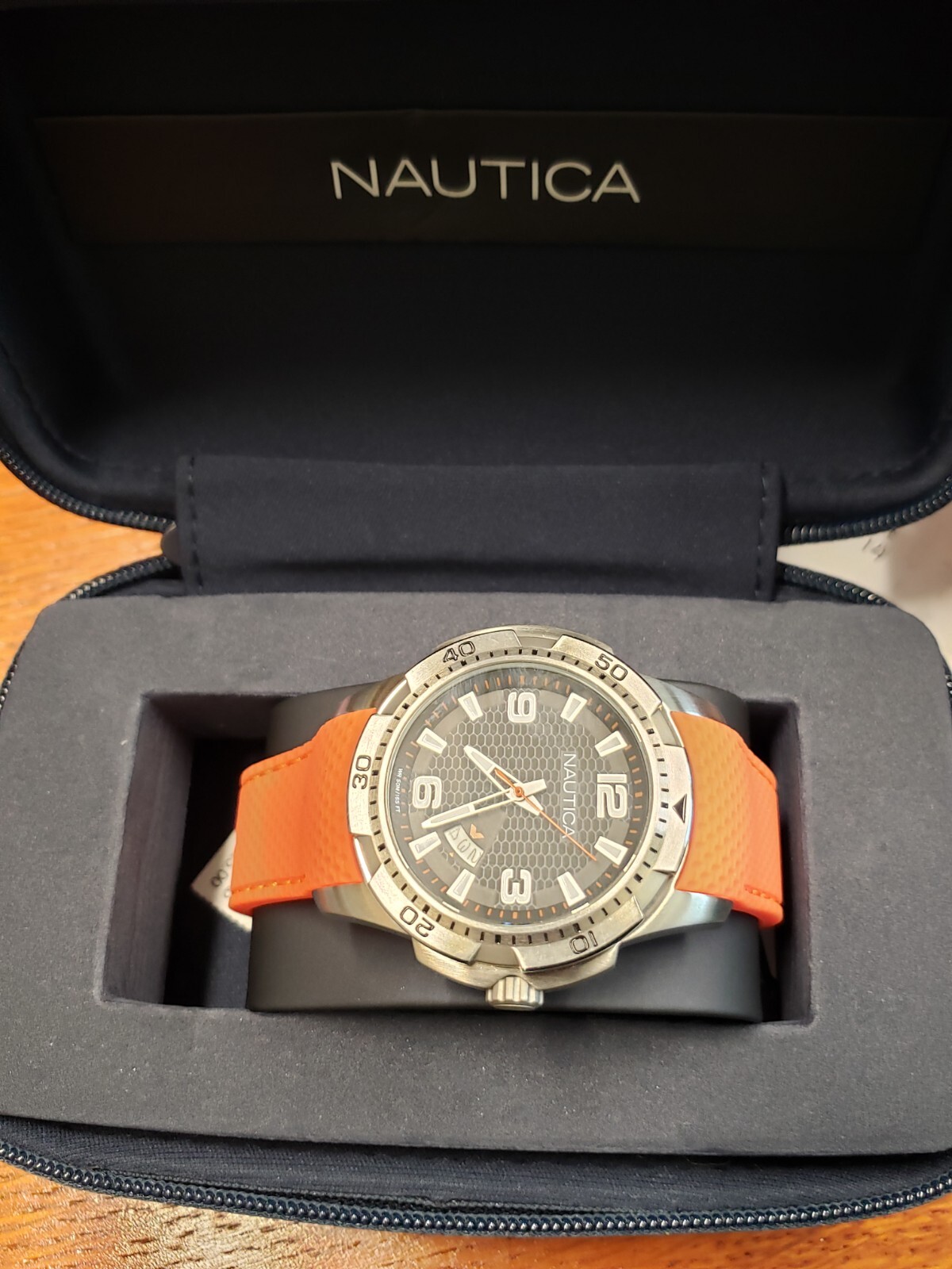 Nautica NCS 16 Orange Rubber Strap Honey Comb Style Dial Men’s Watch NAD12519G