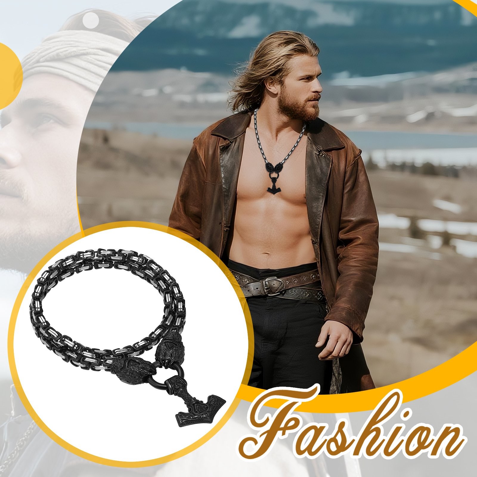 Men’s Viking Thor’s Hammer Stainless Steel Necklace Bear Claw Byzantine Chain