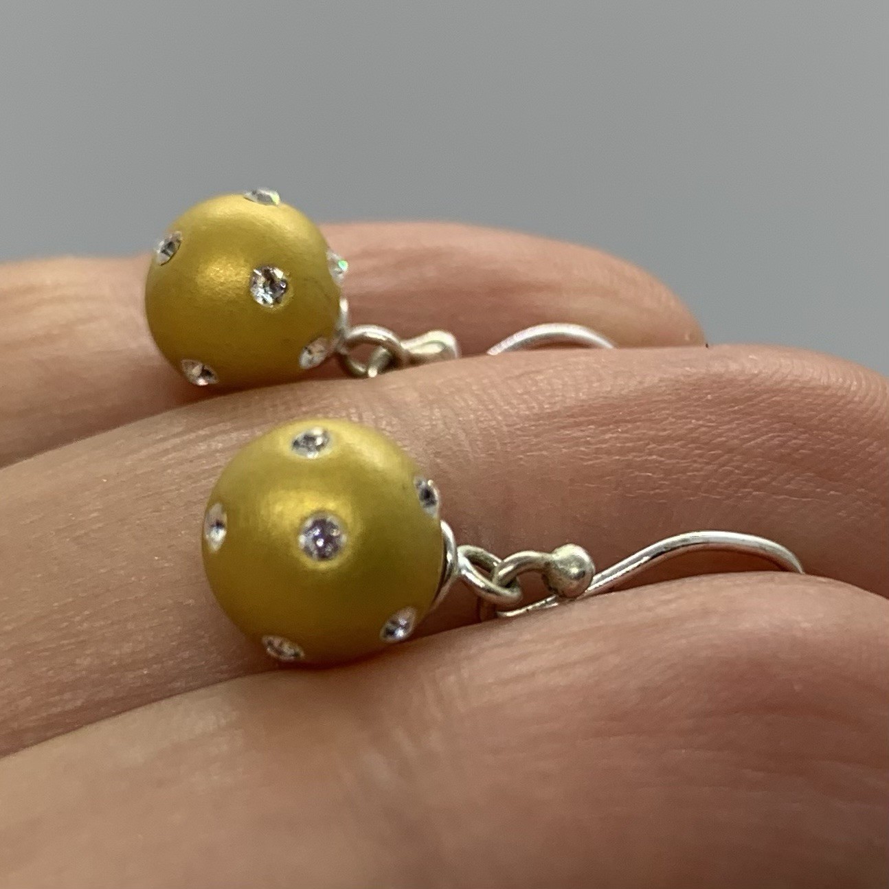 Vtg Matte Gold Pave Crystal Ball Orb Bead Petite Dangle Earrings Hook
