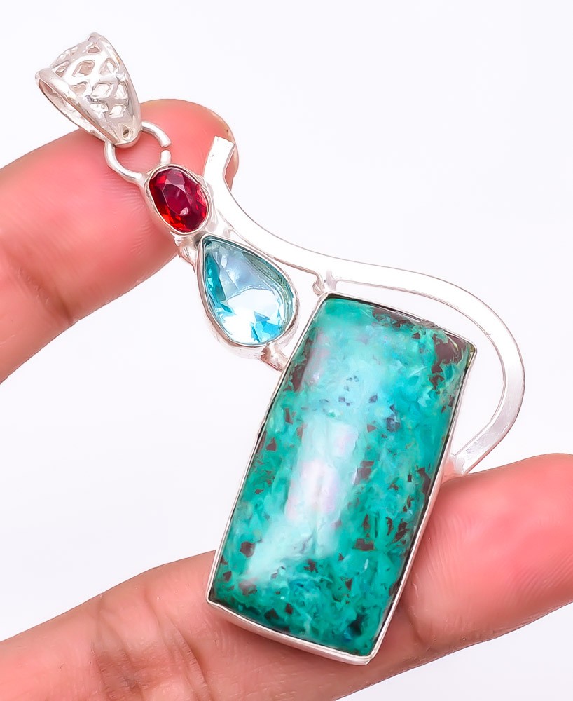 Tibetan Turquoise Gemstone 925 Silver Plated Pendant 2.6″ LP-2009