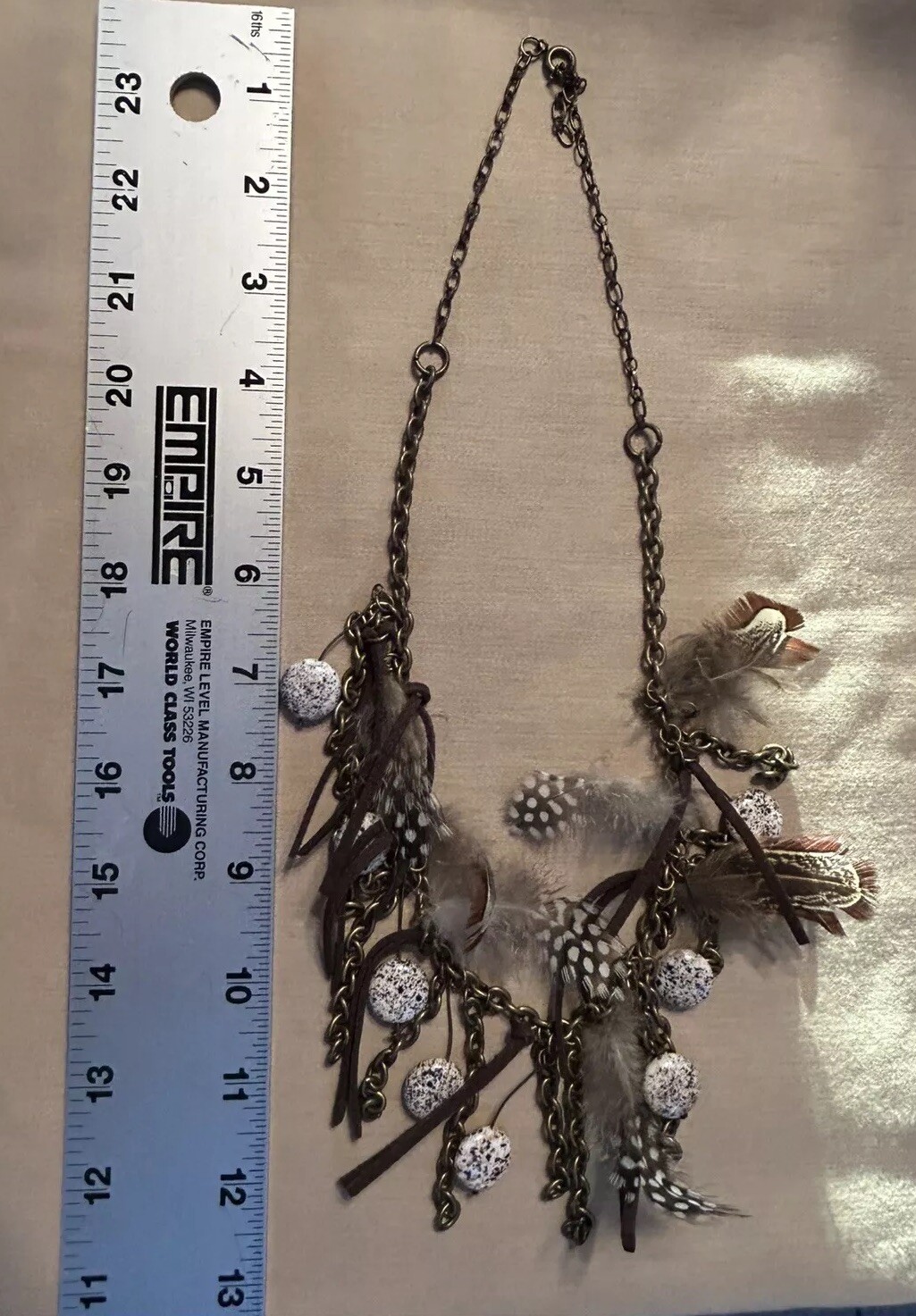 Boho Feather Stone Necklace Bronze Tone Chain Gold Tone Dangle Feather Earrings
