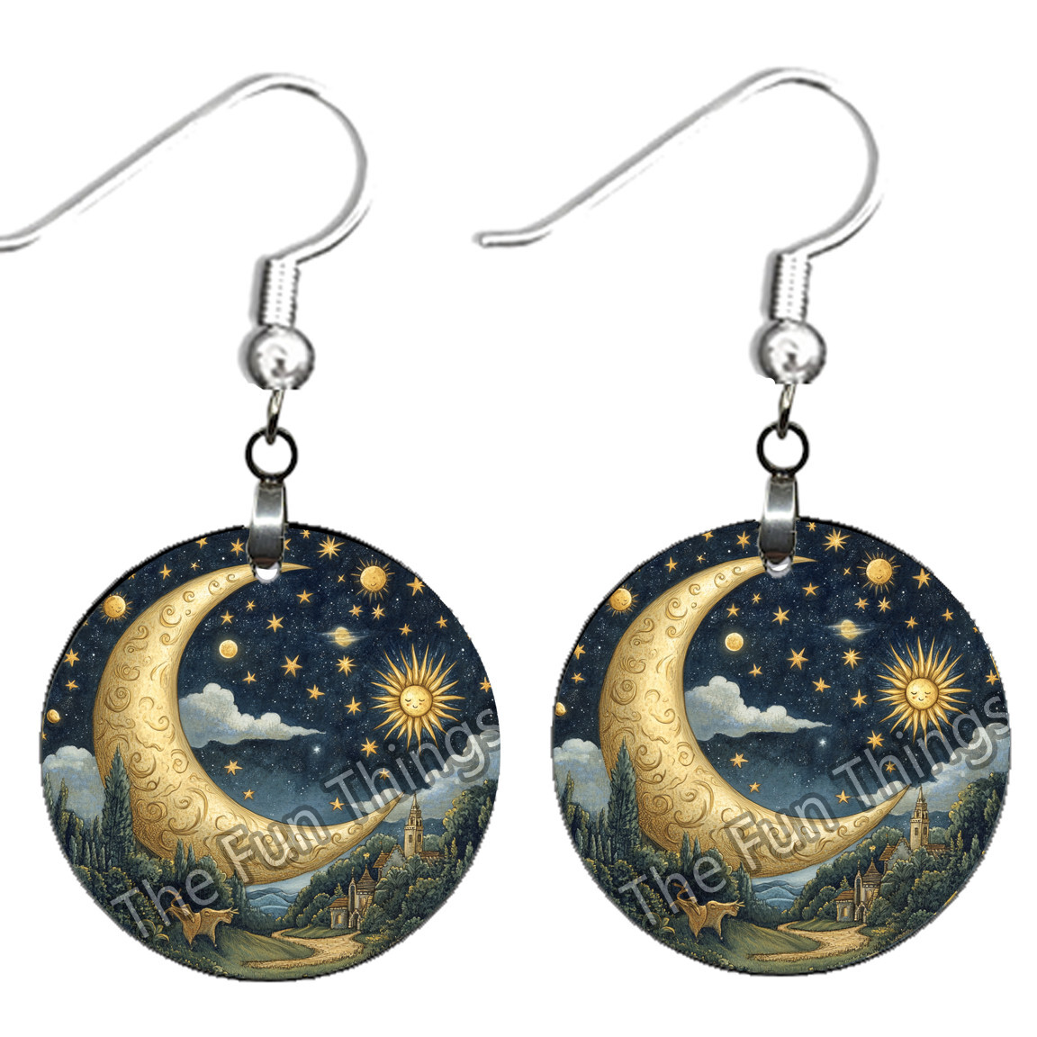 Starry Sky & Crescent Moon Celestial Earrings NO TARNISHING Wood Dangle
