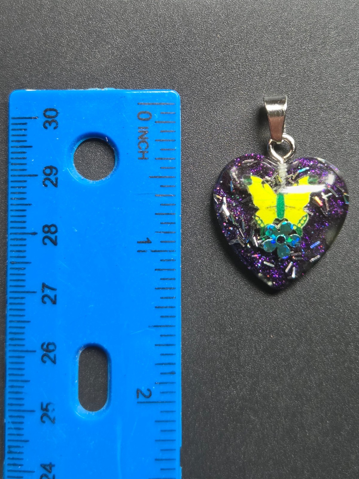 Handmade Yellow Butterfly Heart Resin Necklace Pendant Purple Glitter Floral Art