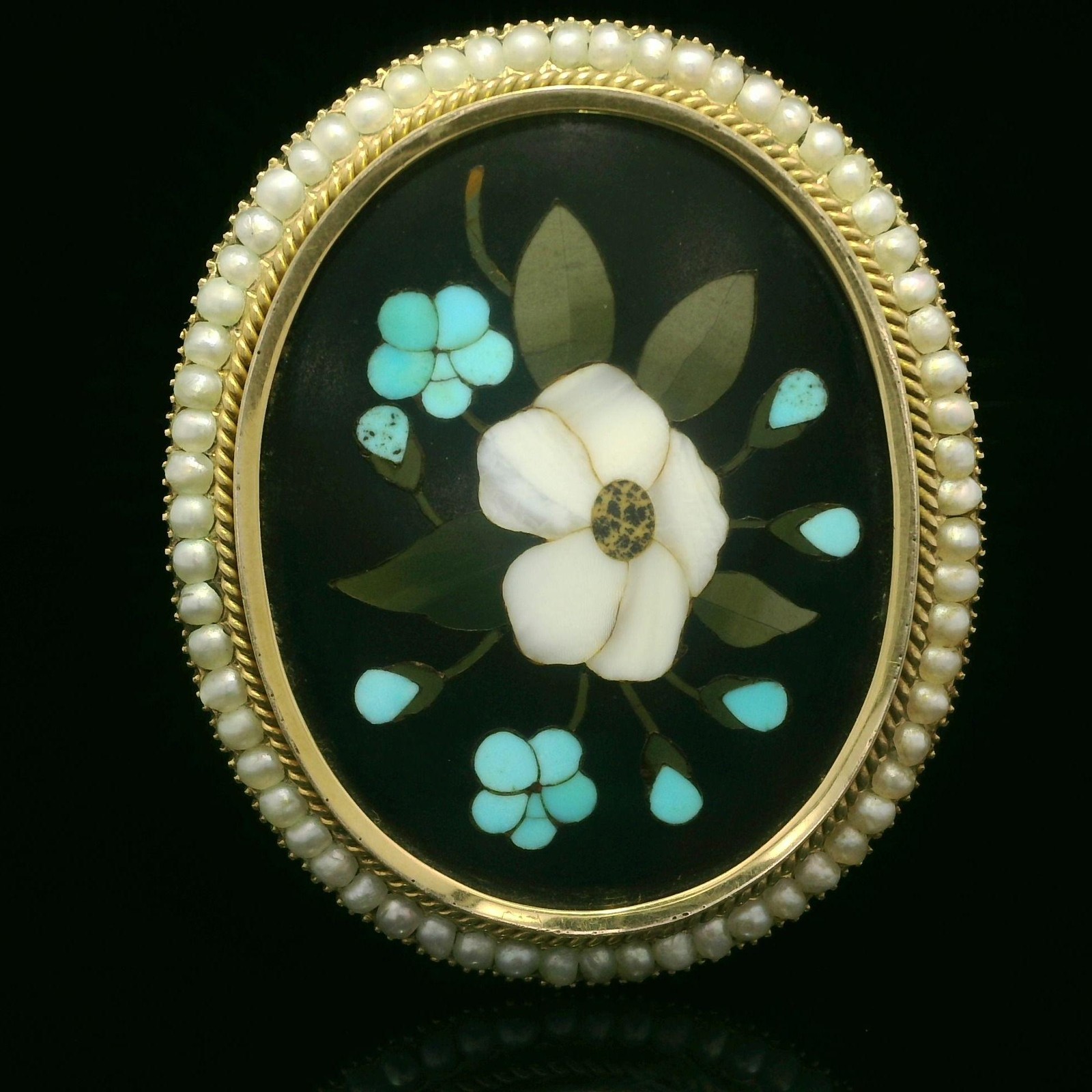 Vintage Solid Yellow Gold Pietra Dura Inlaid Floral Work Pearl Halo Pin Brooch