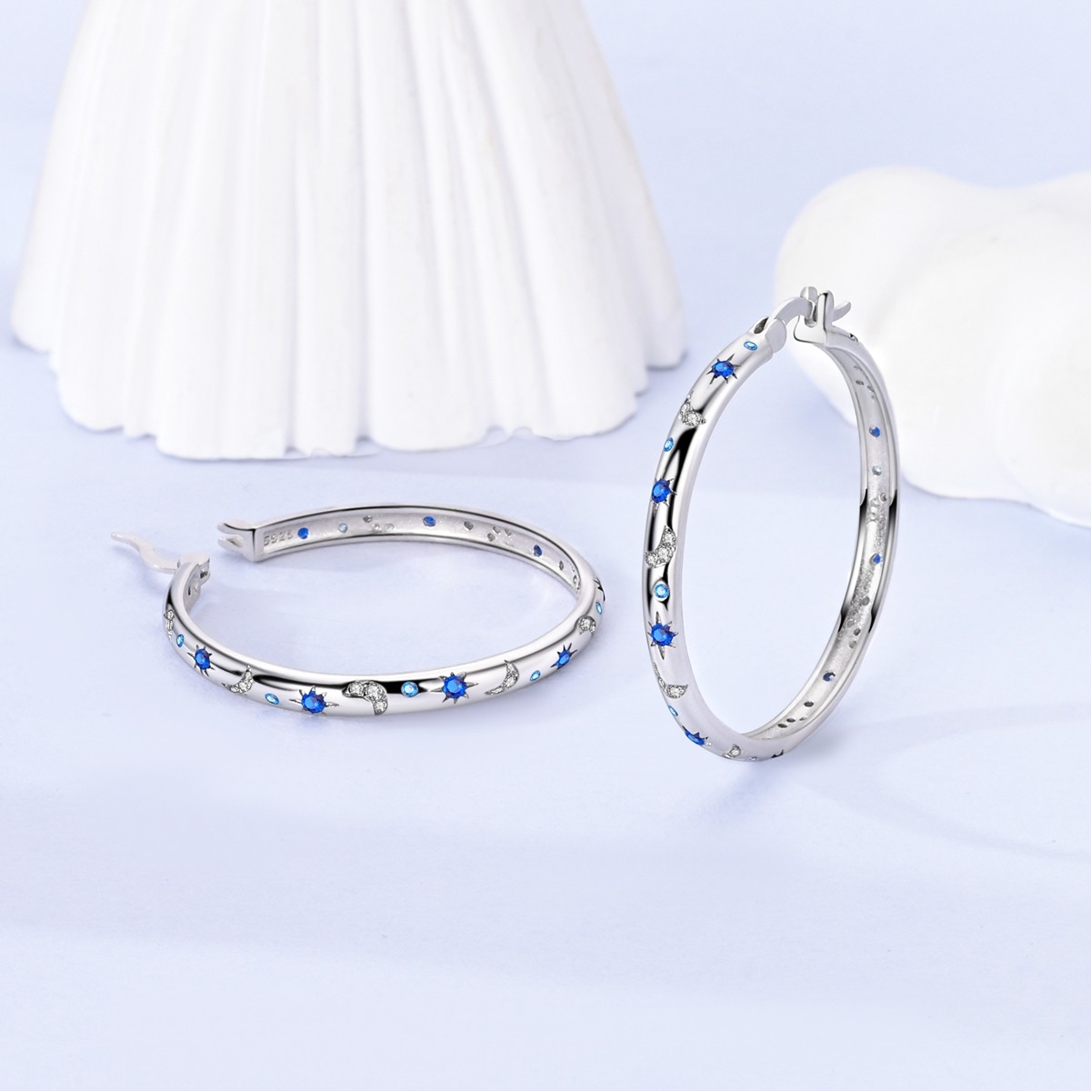 LAZA 925 Sterling Silver Women Hoop Earrings Sparkling Starry Night Moon Blue CZ