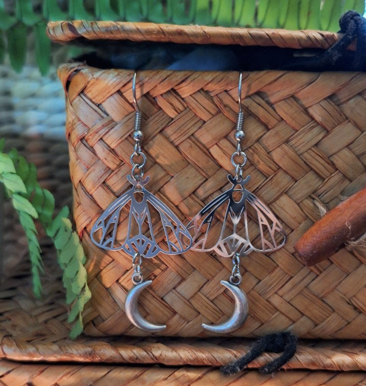 silver crescent moon moth earrings || handmade