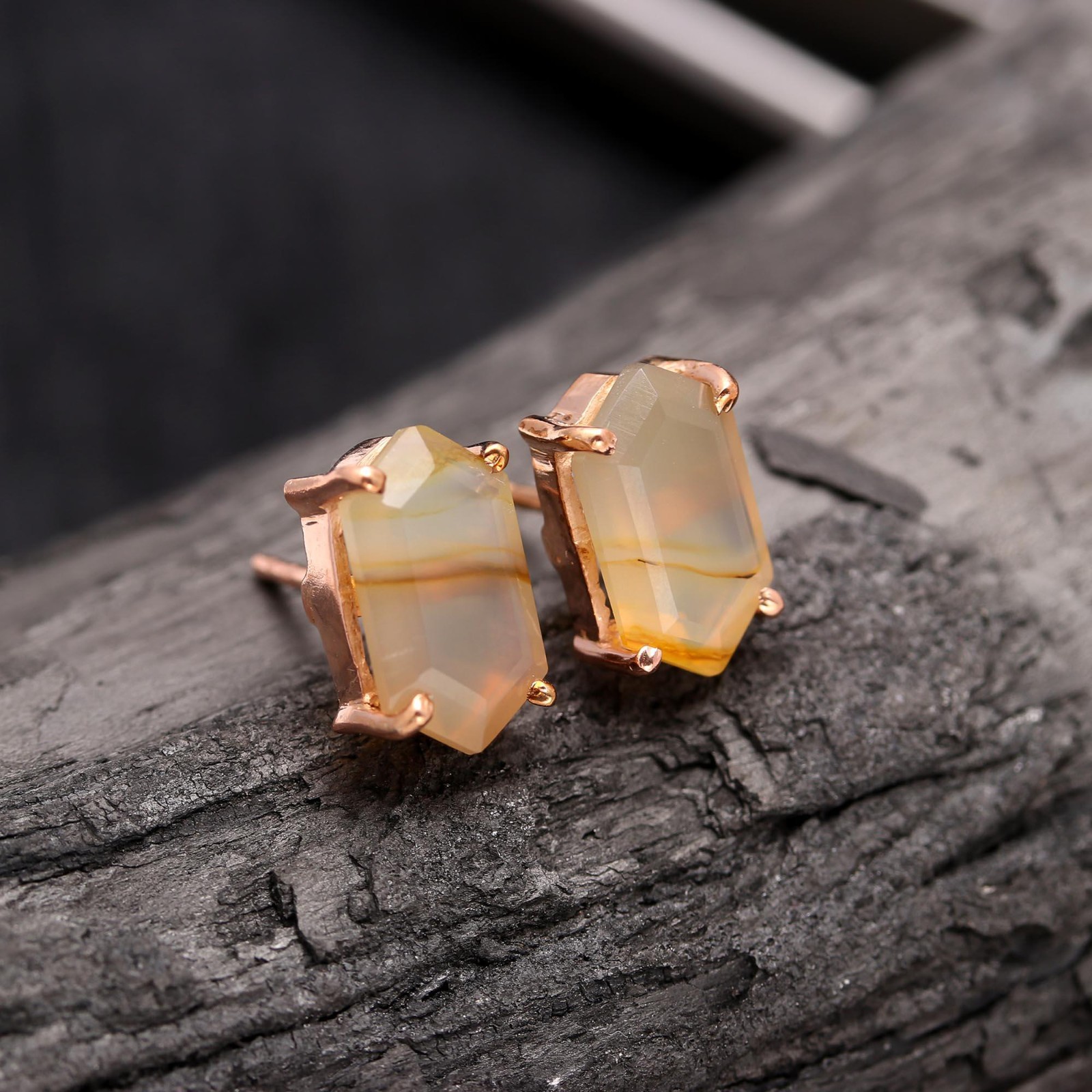 Natural Montana Agate Hexagon Stud Earrings Rose Gold Fill Solid Silver Jewelry