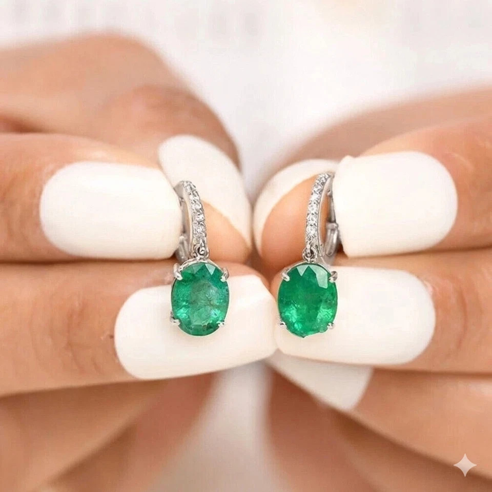 2.56Ct Oval Cut Lab Created Emerald Drop & Dangle Earrings 14k White Gold Plated