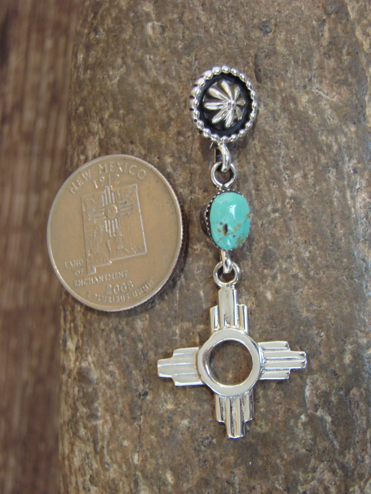 Native American Sterling Silver & Turquoise Zia Pendant by Lee