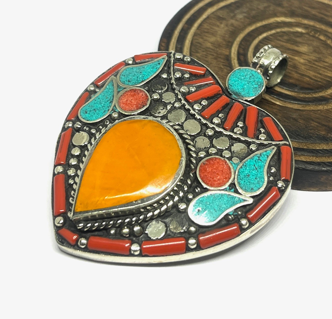 Vintage Coral Turquoise Amber Gemstone Tibetan Style Pendant Jewelry, 2.9 inch