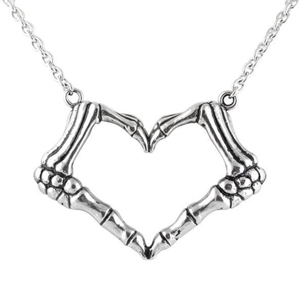 Skeleton Hand Necklace gothic Love Heart Pendant necklace stainless steel