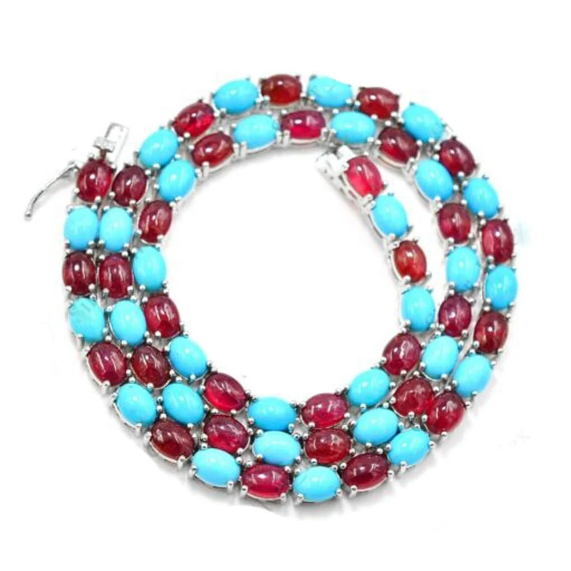 31Ct Oval Cut Lab-Created Garnet & Turquoise Tennis Necklace in 925 Silver – 20″