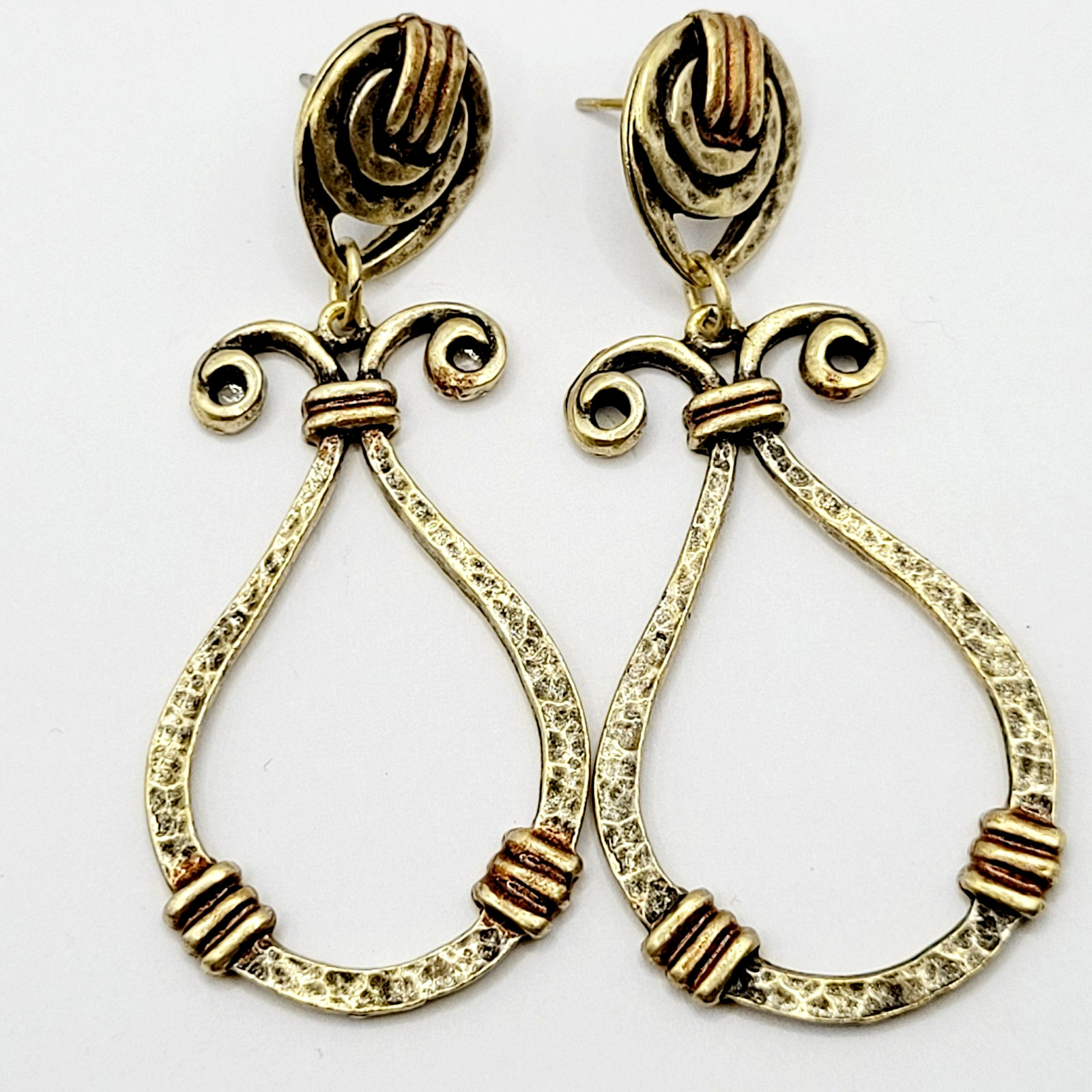 Modern Geometric Loop Hammered Look Ornate Stud Mix Metal Tone Pierced Earrings