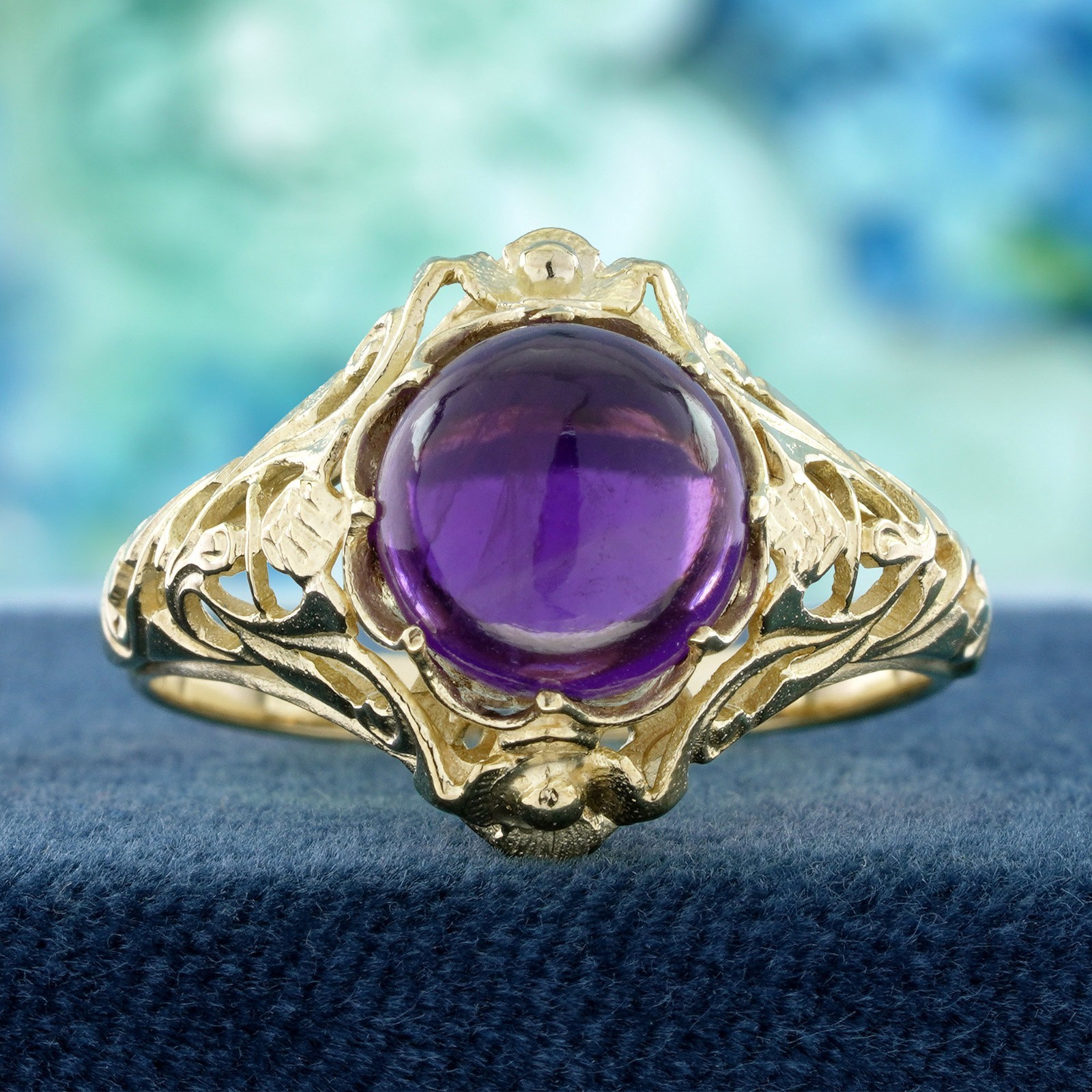9K Yellow Gold Solid Natural Cabochon Amethyst Vintage Style Filigree Ring