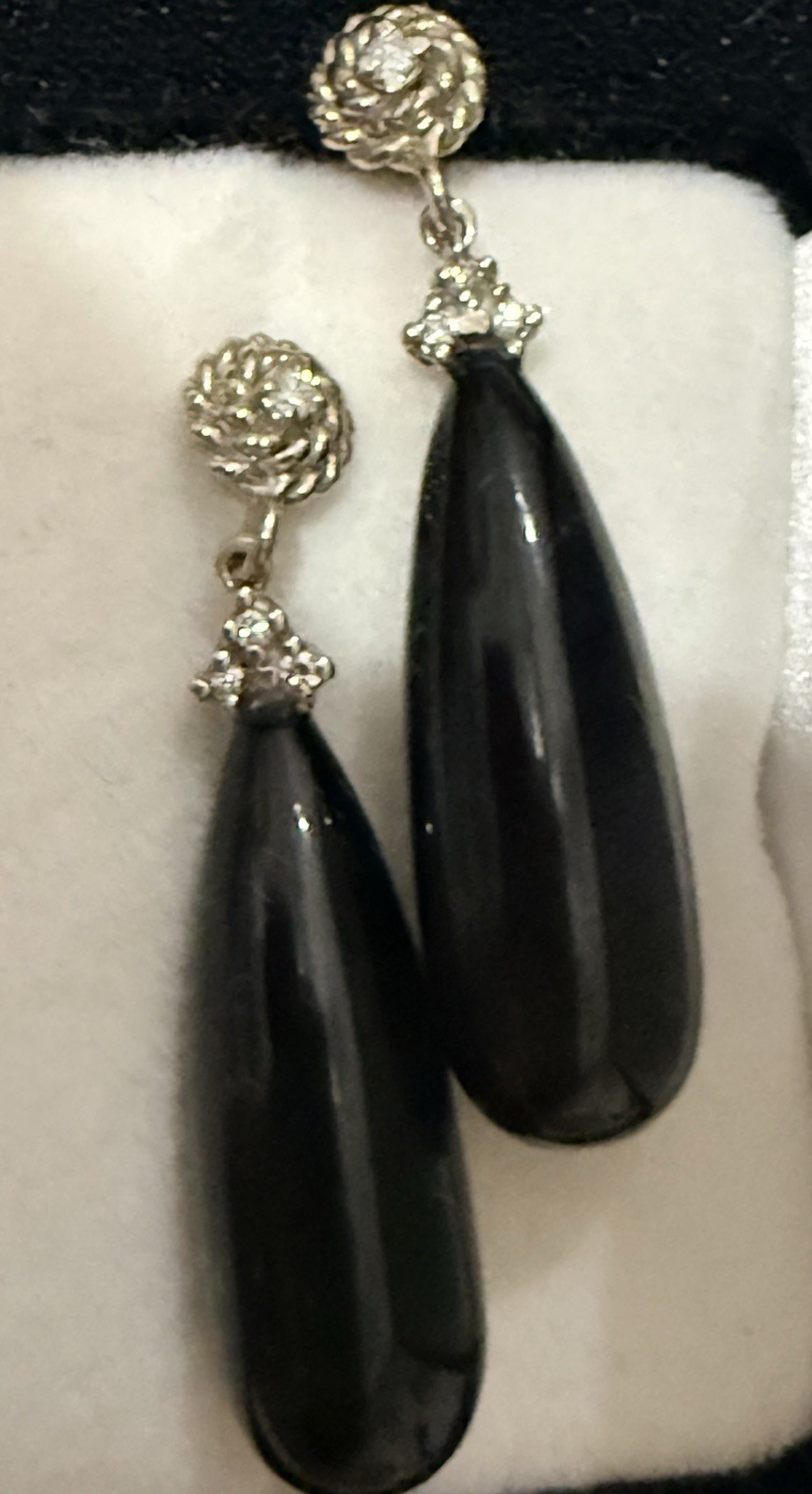 Vintage 14K White Gold Black Onyx & Diamond Drop Earrings, 62 CTTW, 13.69g