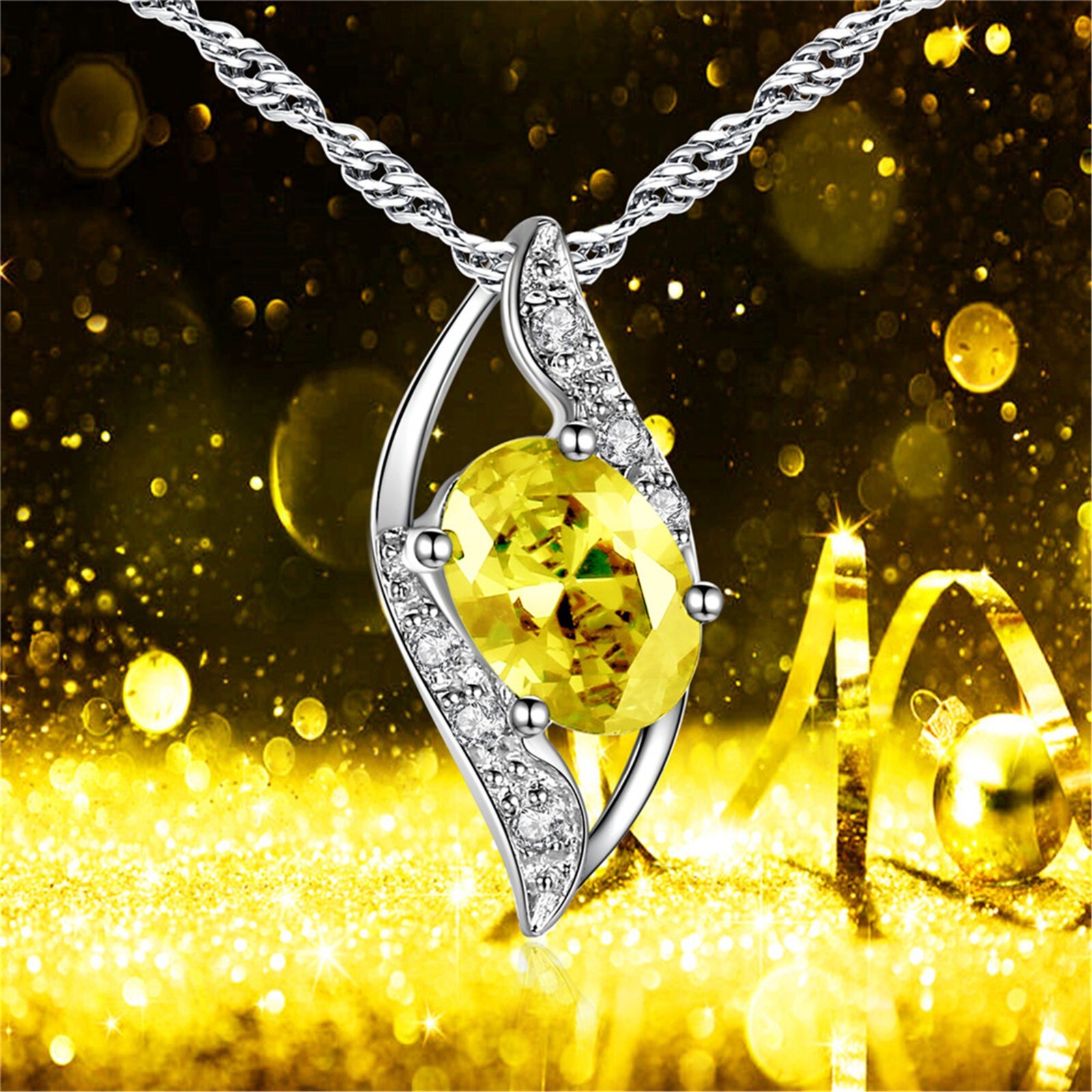925 Sterling Silver Oval Cut Simulated Critrine Birthstone Pendant Necklace Gift
