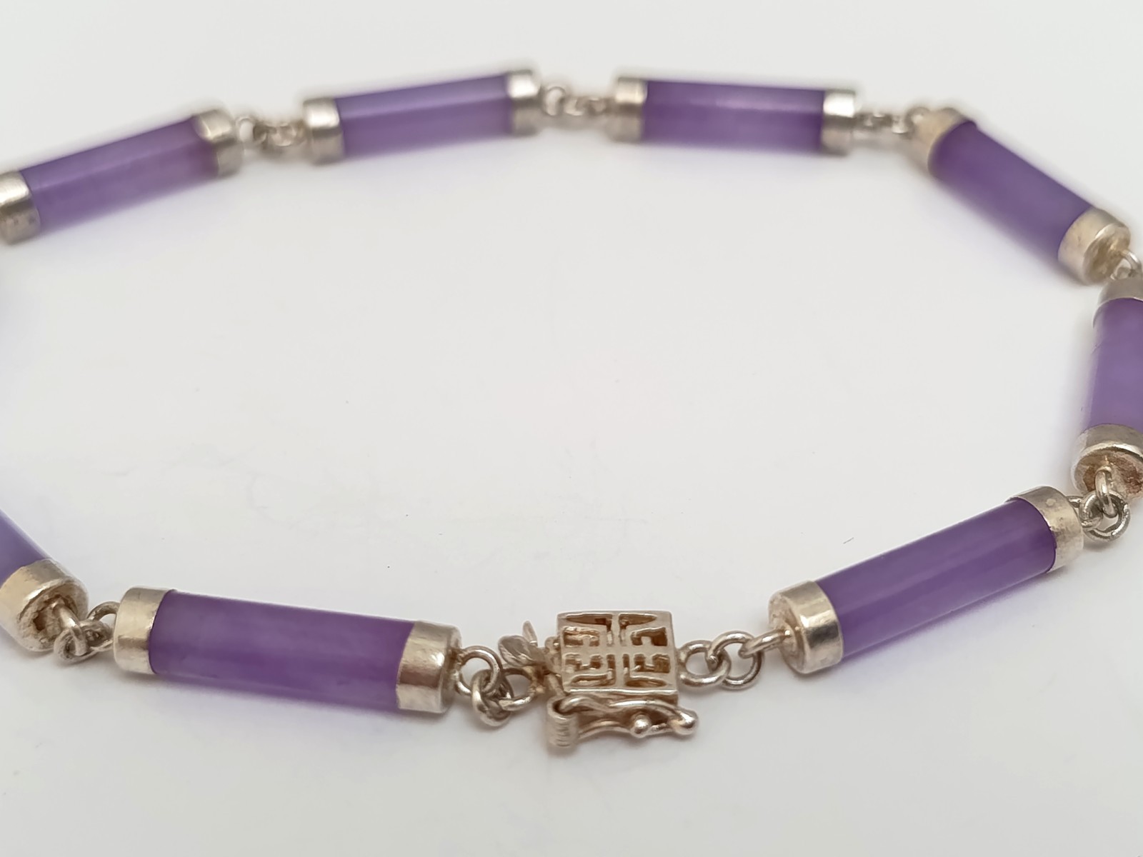Vtg Chinese Lavender Jadeite Jade Tube Bracelet 925 Sterling Silver Shou Clasp