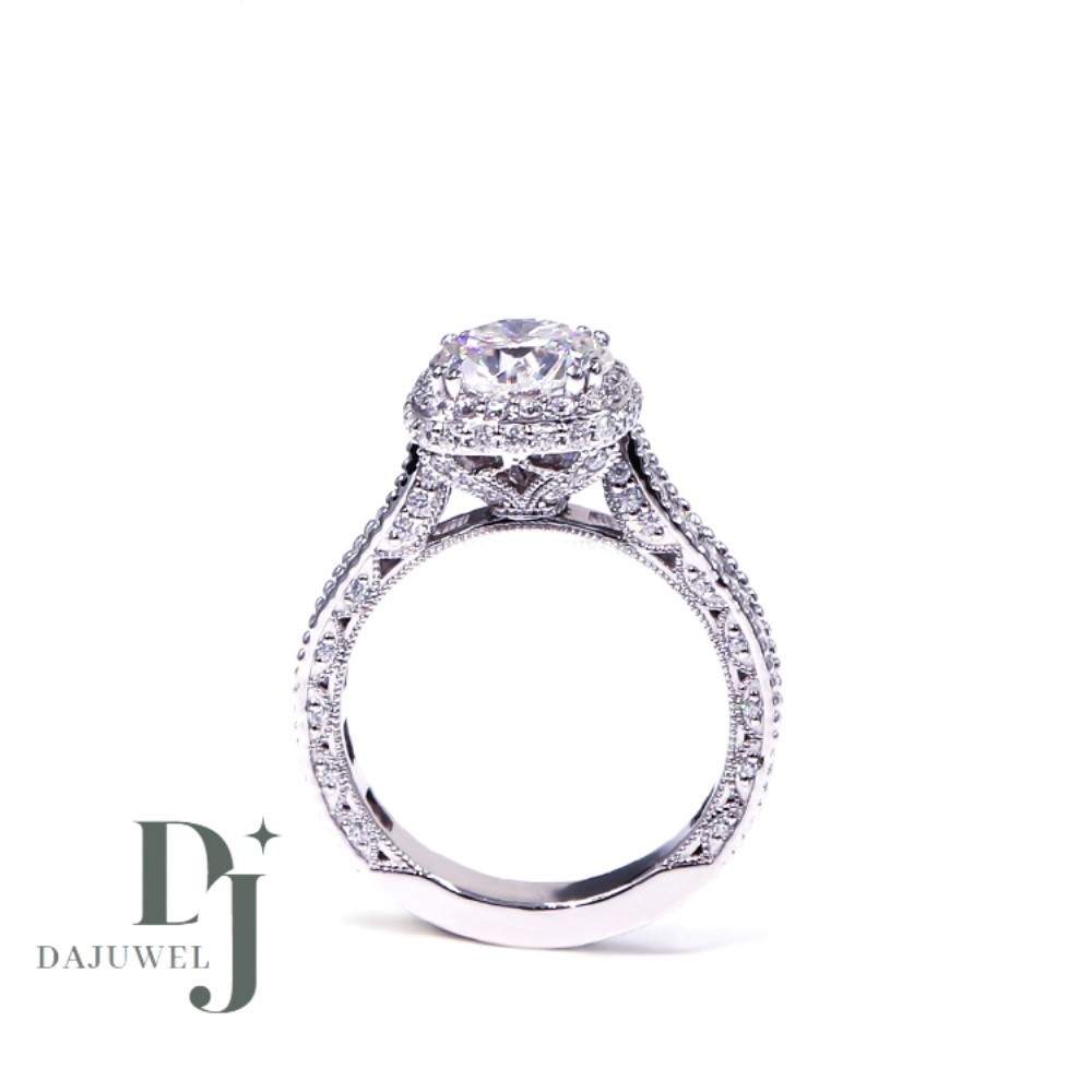 Moissanite Halo Engagement Ring Excellent Round Cut 2.70 CT Solid 14K White Gold