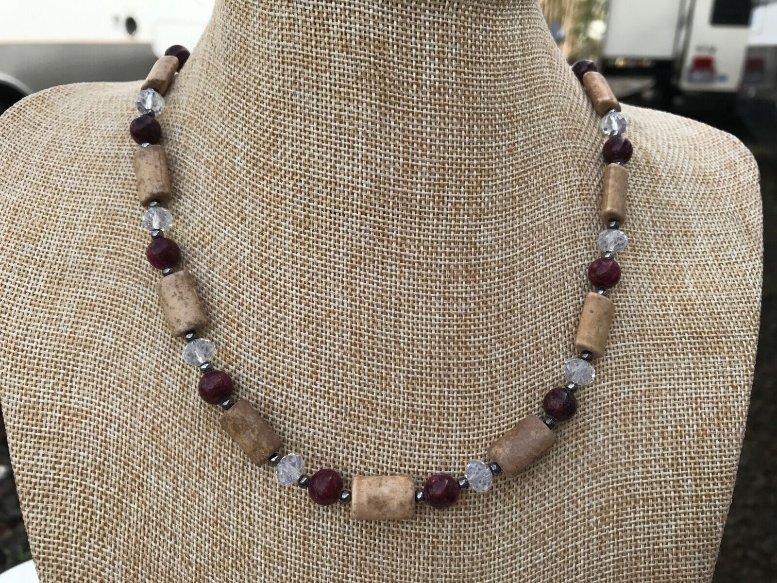 Handmade Necklace Brown and Purple Dyed Magnesite Stone with Clear Glass Beads