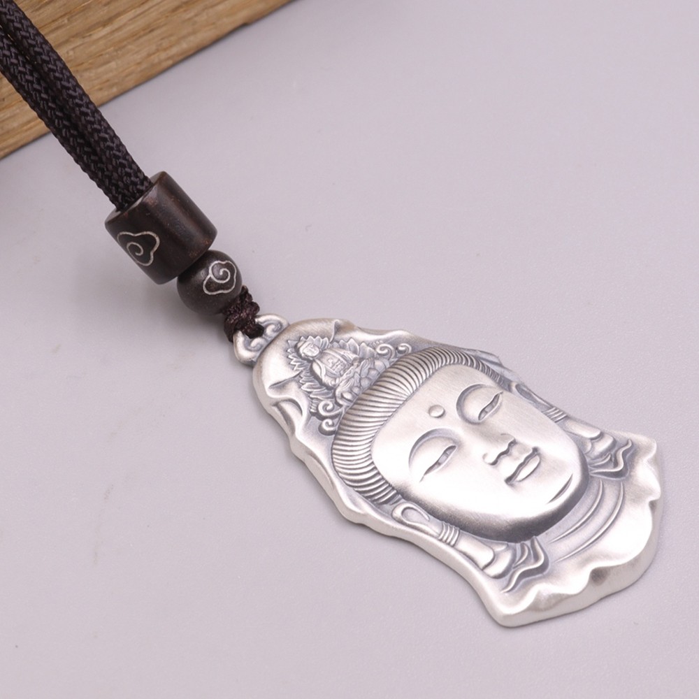 Solid S999 Fine Silver Men Women Lucky Kwanyin Head Pendant 26-27g 45*24mm