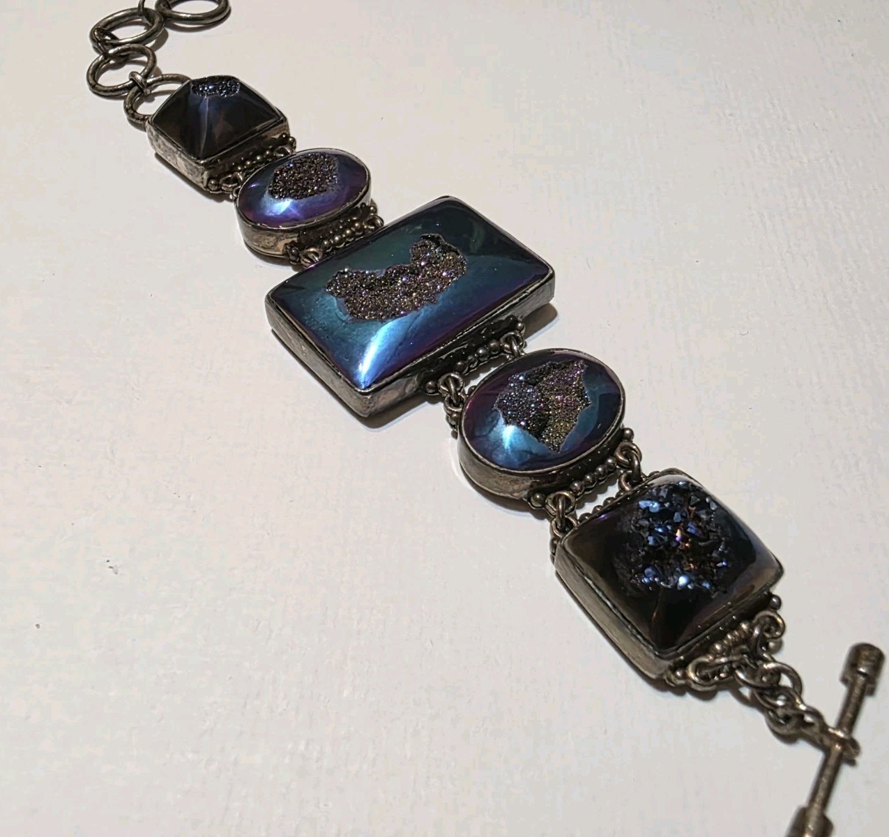 Signed SAJEN 925 Sterling Silver Chalcedony Amethyst Druzy Quartz Bracelet 45g