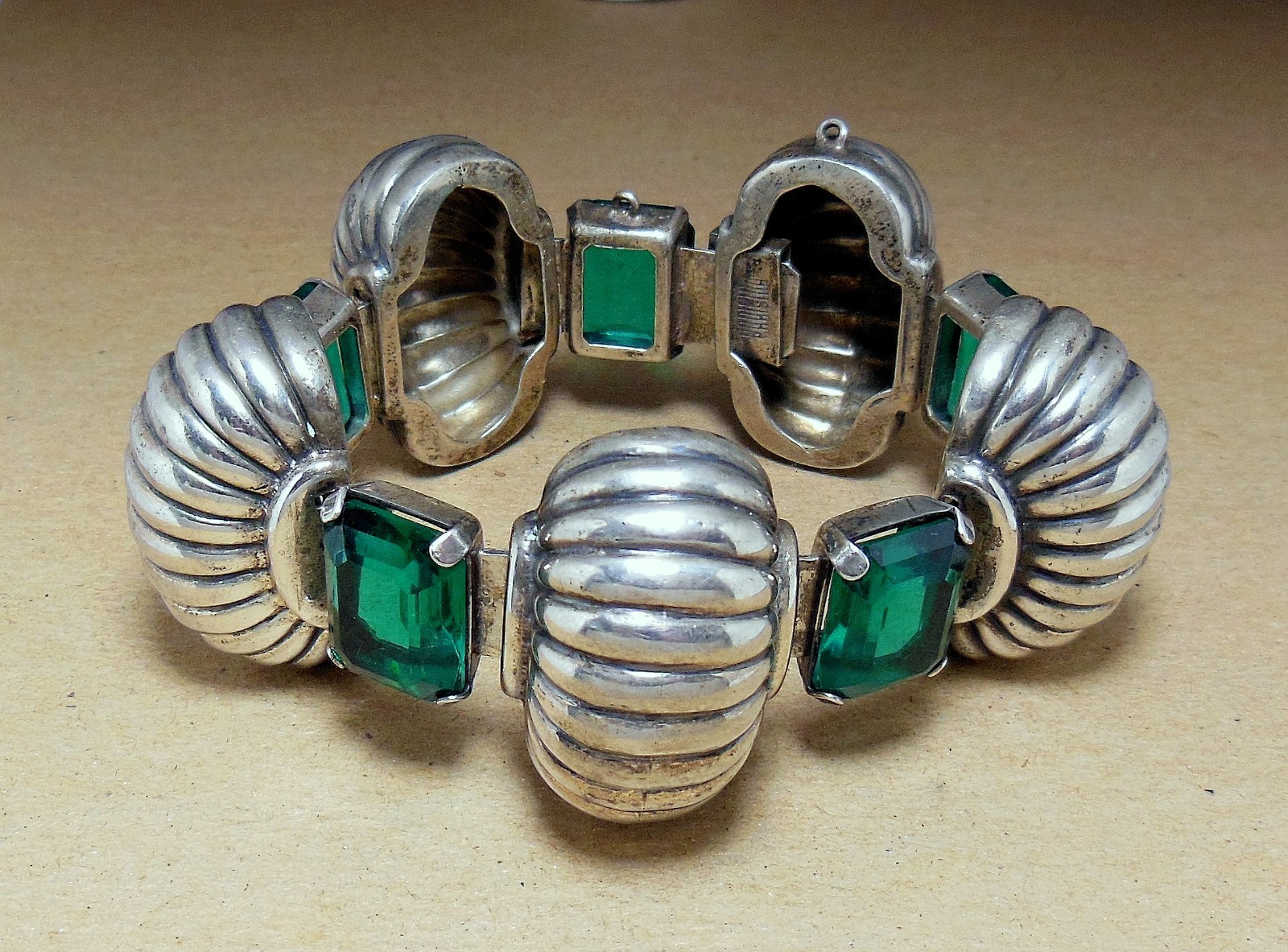 Vintage 40’s BOUCHER PARISINA Mexico Sterling Green Glass Bracelet & Earring SET