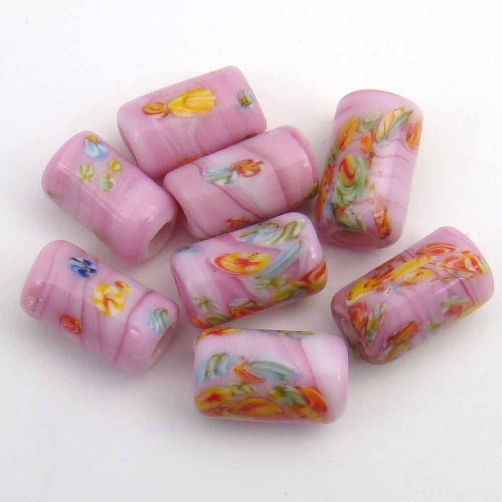 8 Vintage Japan lampwork large hole opaque pink glass murrine beads avg 14mm
