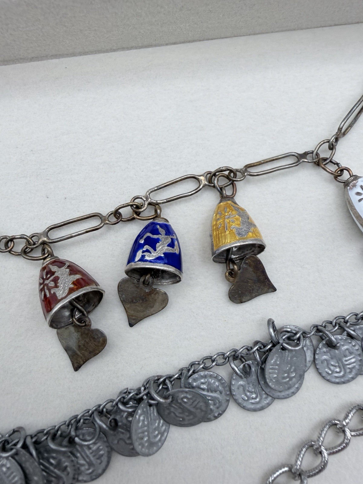 Vintage Charm Bracelet Lot 3 Siam Enamel Bells, Mixed Metals And Styles