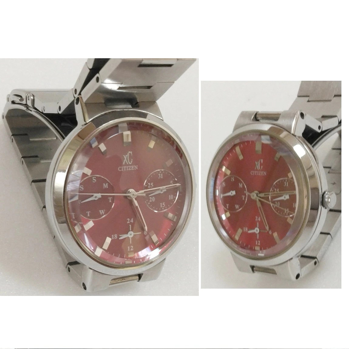 Used fully functional Citizen women’s red dial chronograph watch XC day date wit