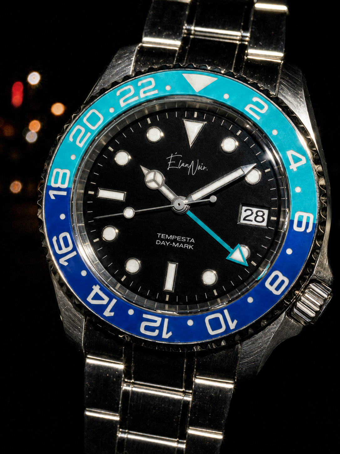 Élan Noir Tempesta GMT Automatic Men’s Watch 41mm Steel Black Dial Blue Bezel