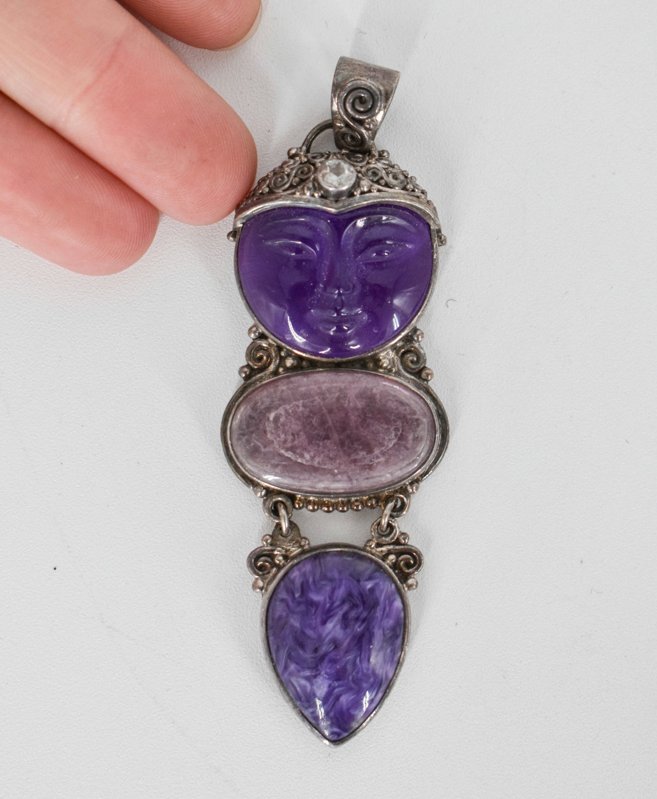 Sajen Sterling Silver 925 Carved Amethyst Fluorite Goddess Pendant