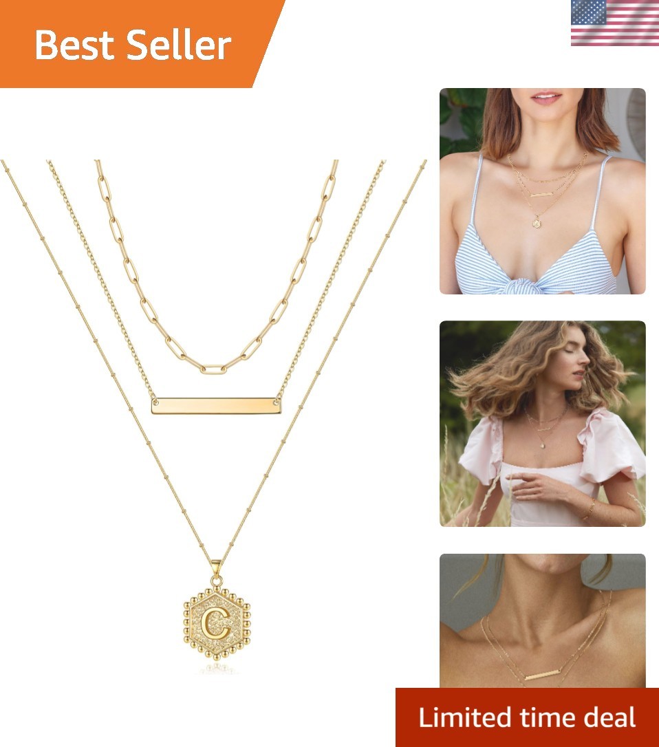 14K Gold Plated Layered Initial Necklace Set with Hexagonal Pendant – Gift-Ready