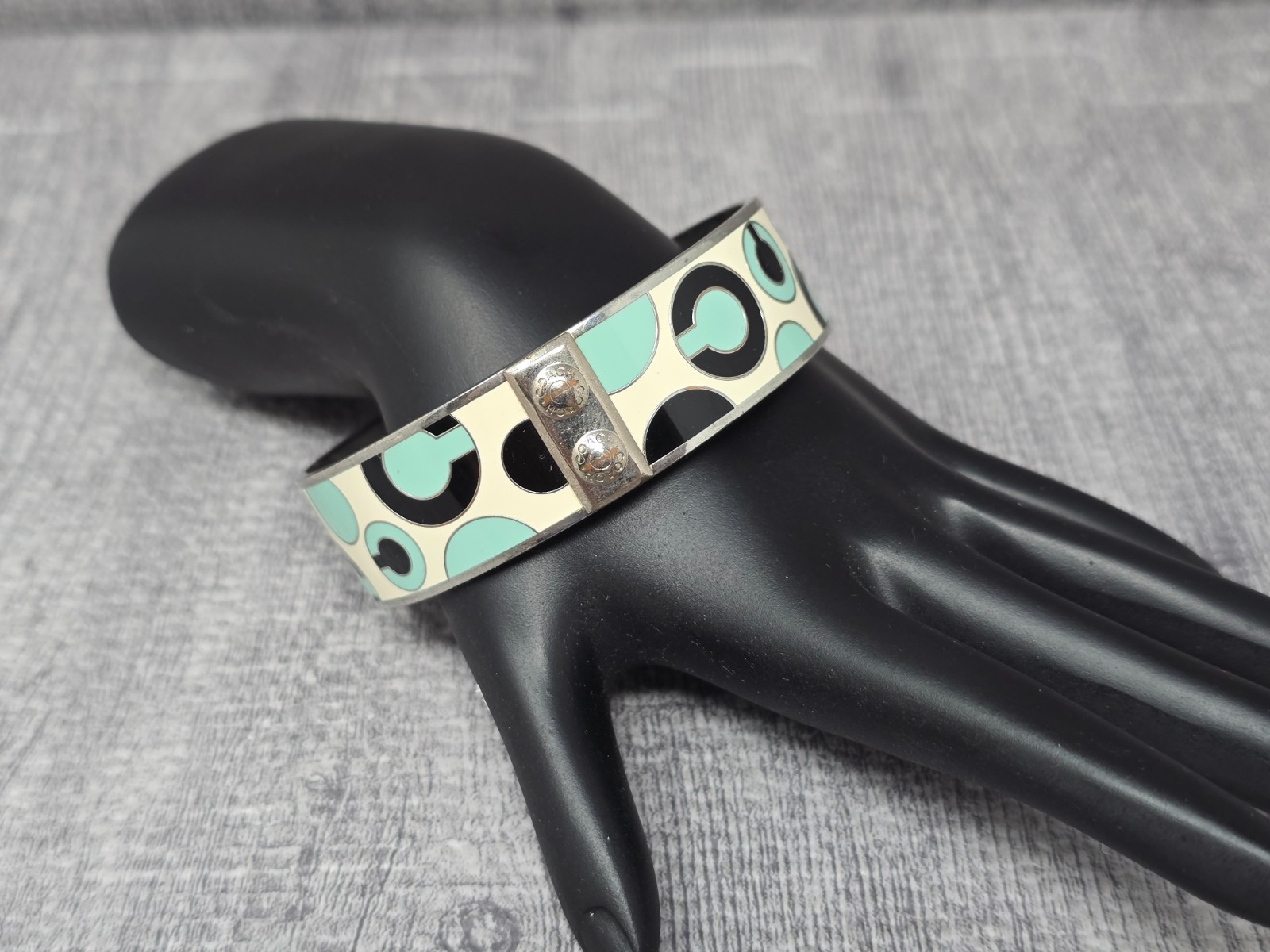 Coach Bangle Bracelet Enamel Black White Green Silver Tone