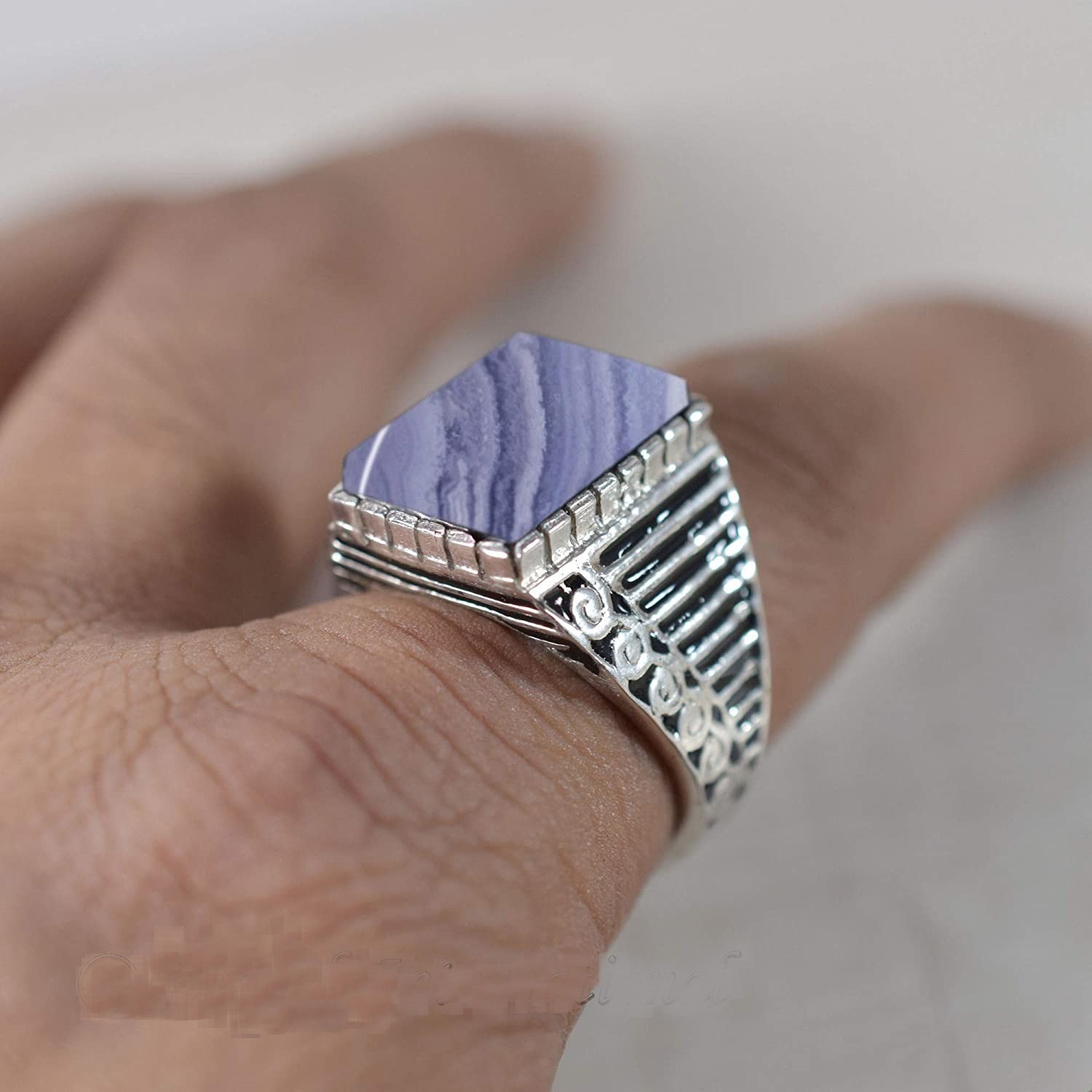 Solid 925 Sterling Silver Natural Blue Lace Agate Gemstone Men’s Unisex Ring
