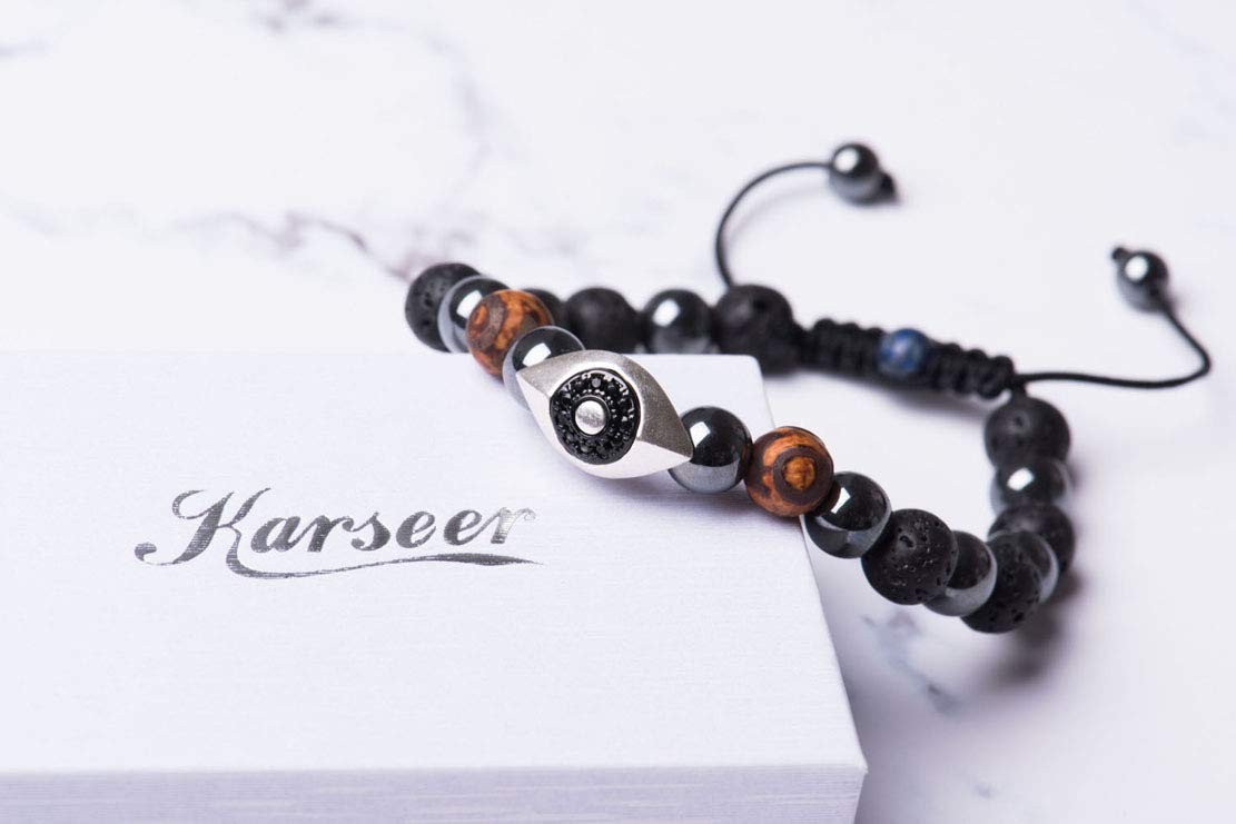 Vintage Silver and Black Plated Hamsa Evil Eye Reiki Bracelet Natural Hematit…