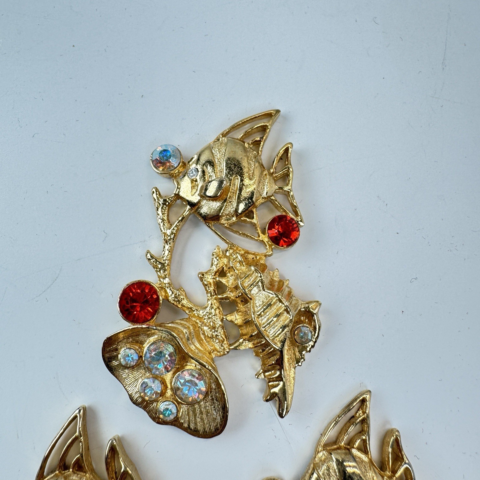 Lot Of 6 VTG Gold Tone Rhinestone Fish Shell Findings Brooch Jewelry Making