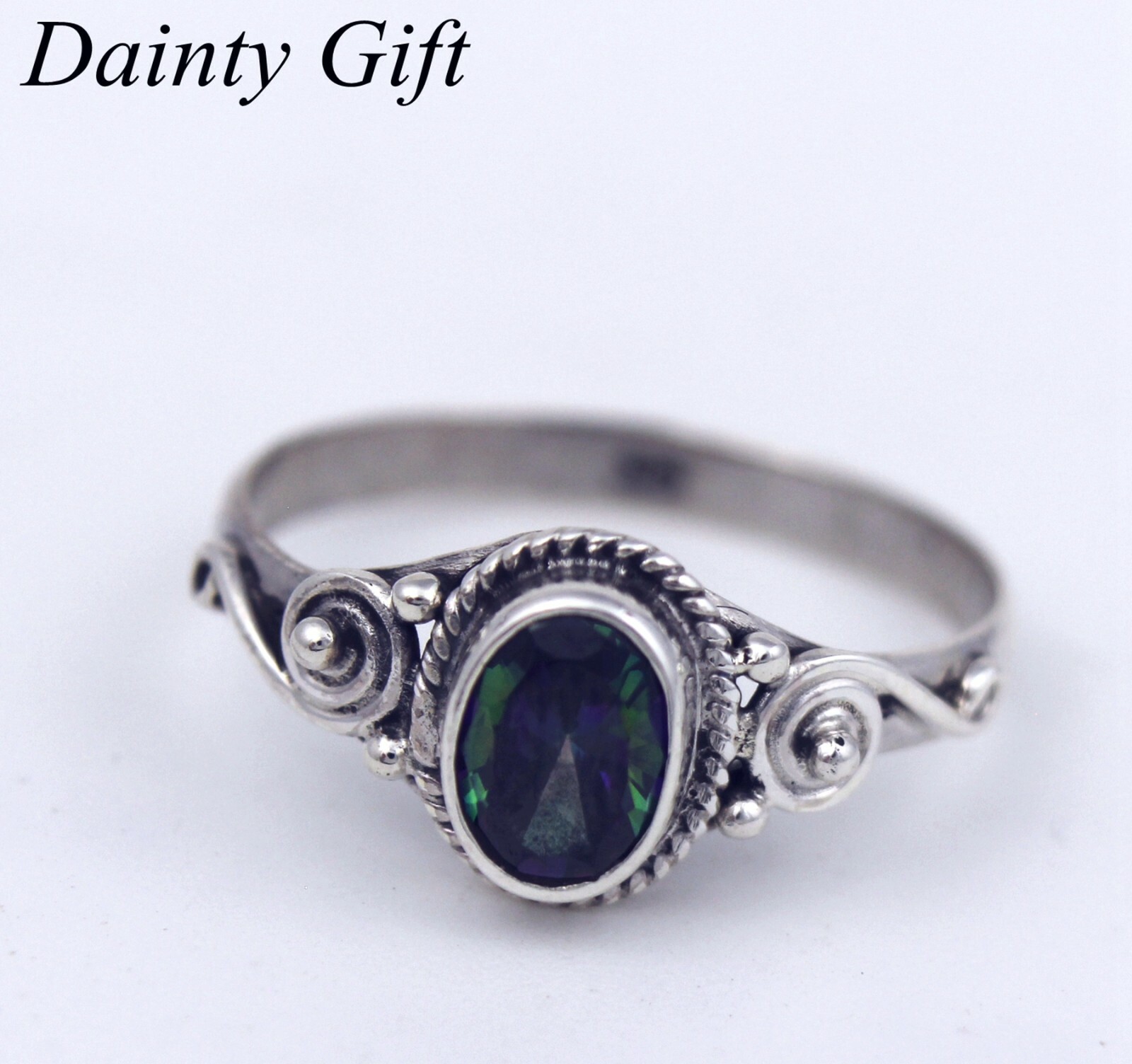 Women Girl sterling silver Nature Rainbow Flame Aura Quartz Crystal Stone Ring 7