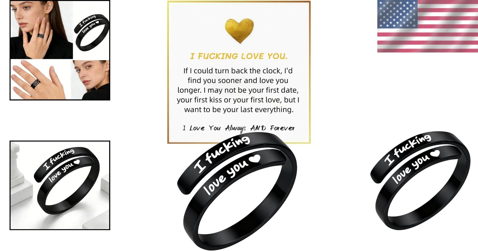 I Fcking Love You Ring, Stainless Steel Engraved Inspirational Words Heart Open