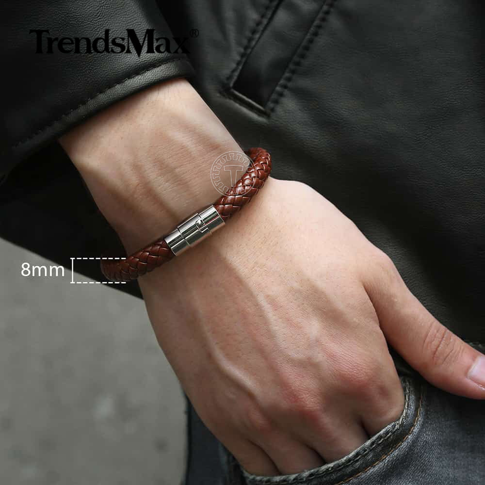 4/6/8mm Brown Black Braided Cord Rope Man-made Leather Bracelet Magnetic Clasp