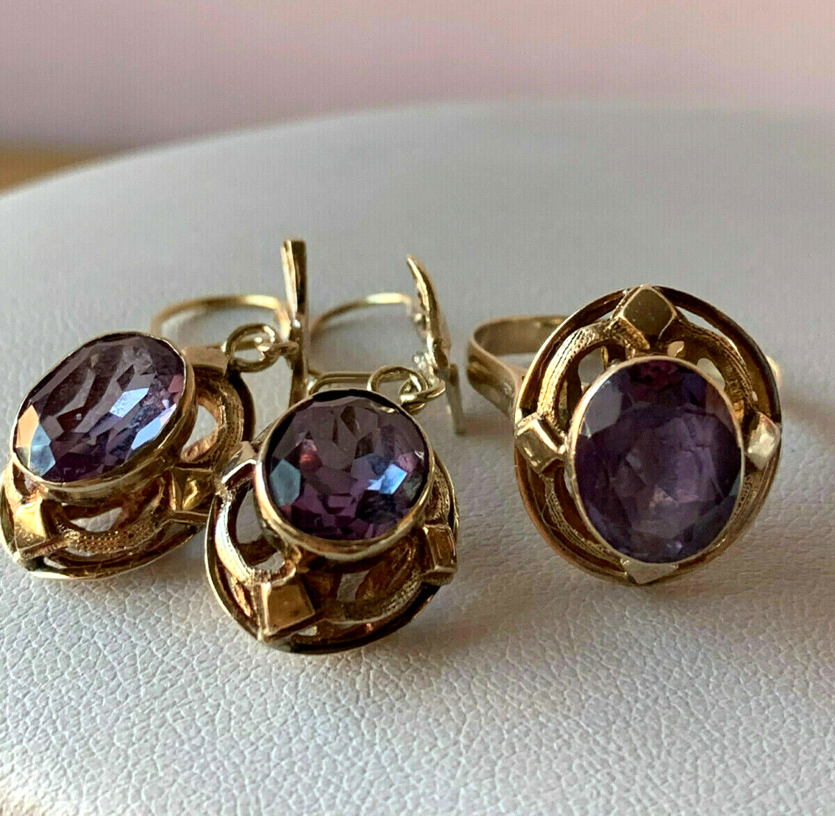 VINTAGE 14K RING & EARRINGS COLOR CHANGE PURPLE SAPPHIRE SET OF 2 CUSTOM MADE