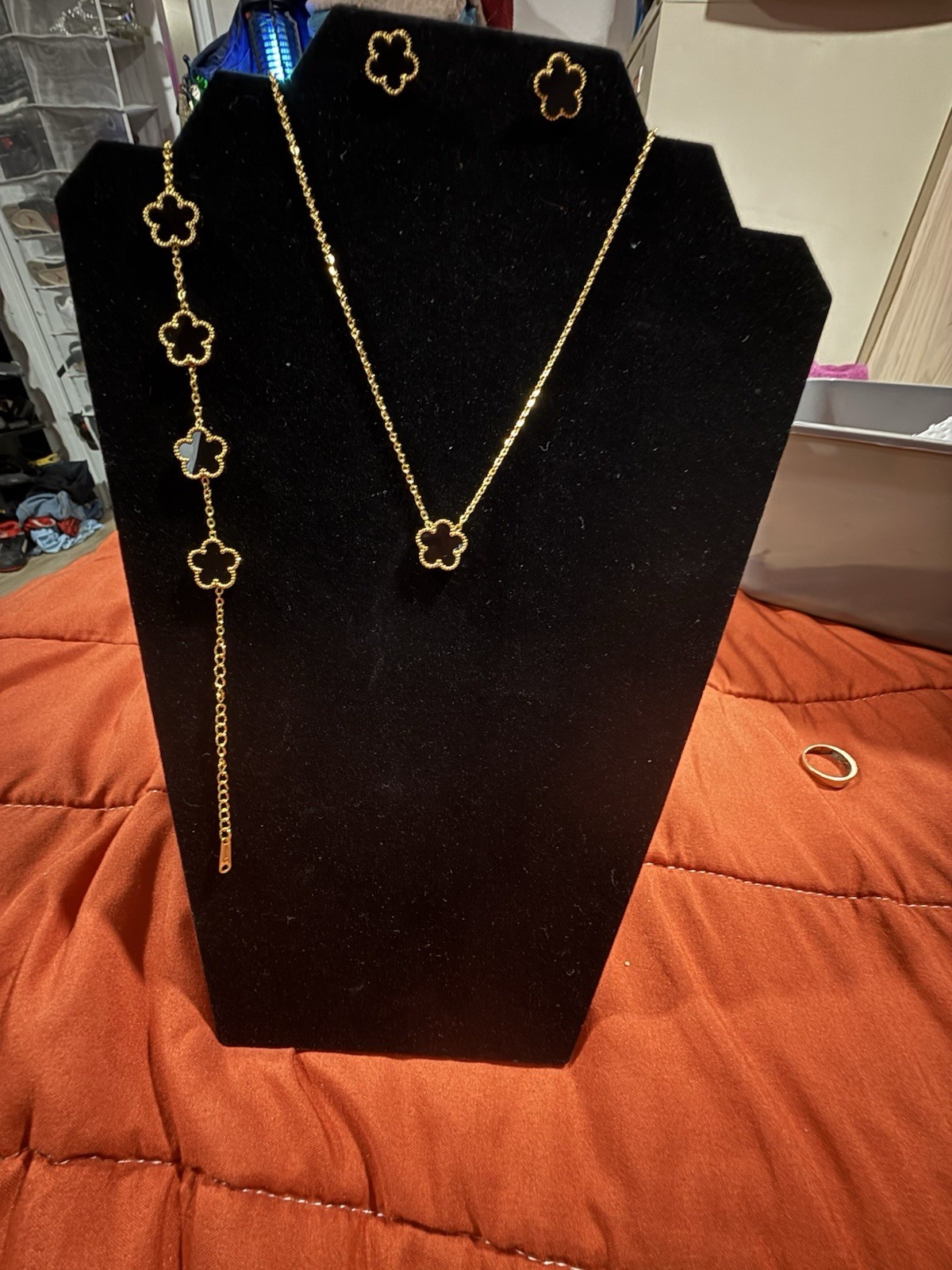 Gold Tone Black Clover Jewelry Set Necklace Bracelet & Earrings No Stone